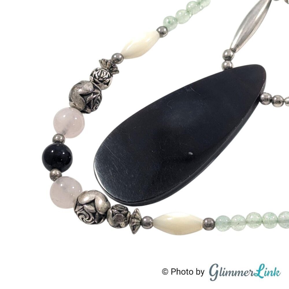 Vintage Bird Inlay Pendant Necklace Aventurine Rose Quartz Onyx Silver Tone - Picture 10 of 15